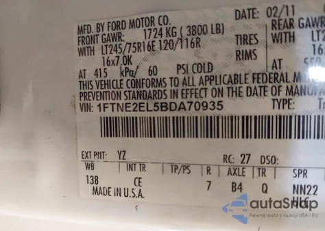 2011 Ford E-250 Commercial z USA, uszkodzony, nr VIN 1FTNE2EL5BDA70935